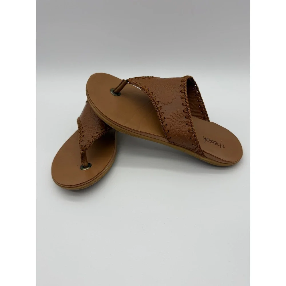 The Sak Women's Leather Embossed Thong Sandals Brown Boho Flip Flops Size 8